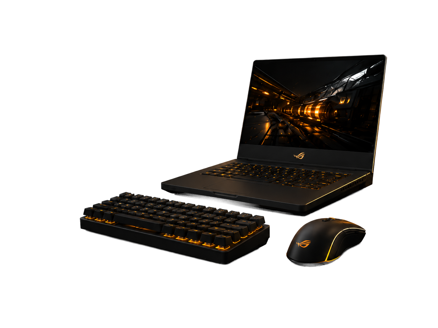ASUS ROG gaming laptop with mechanical keyboard and mouse